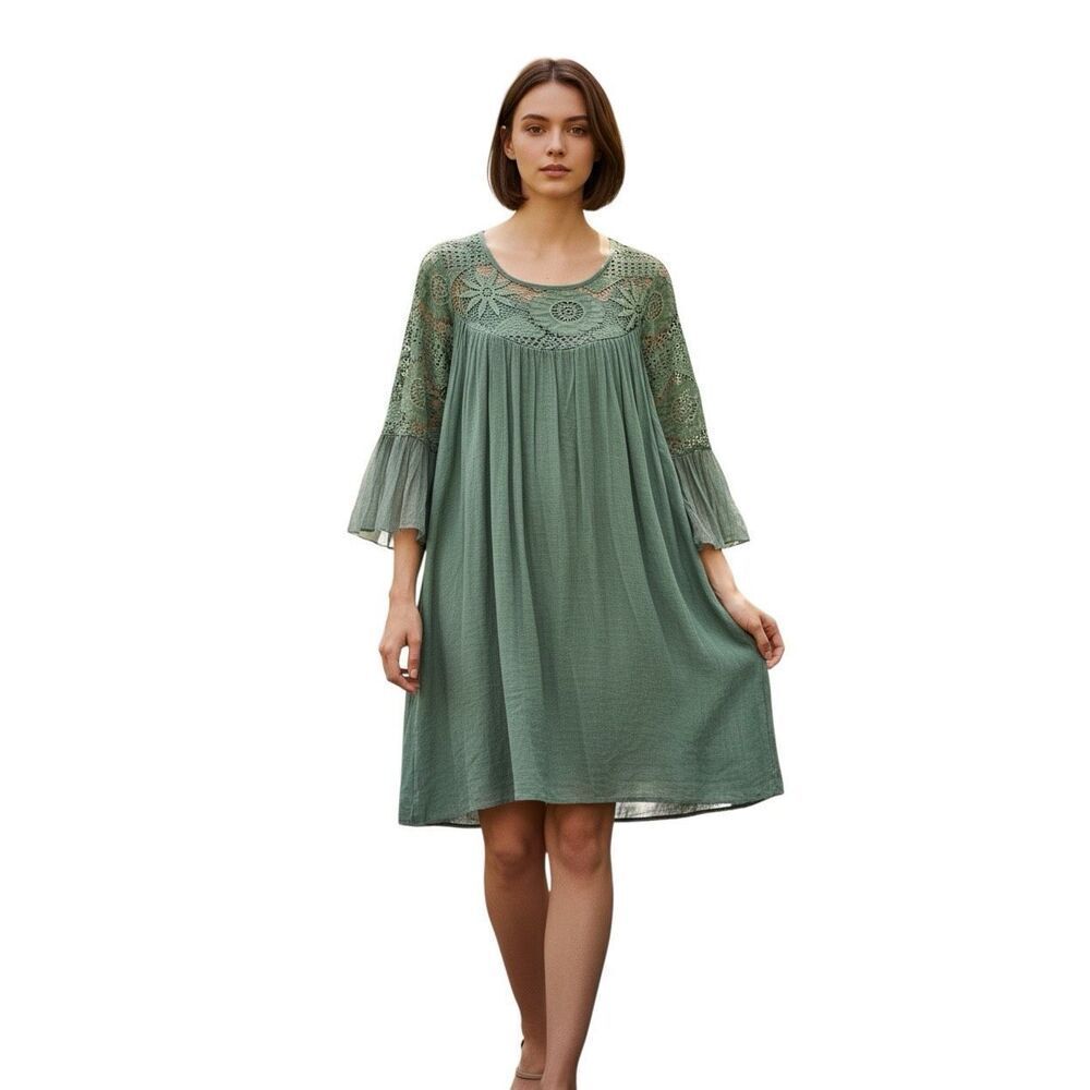 J Gee Dress Embroidered Crochet Lace Babydoll Bell Sleeve Fairy L